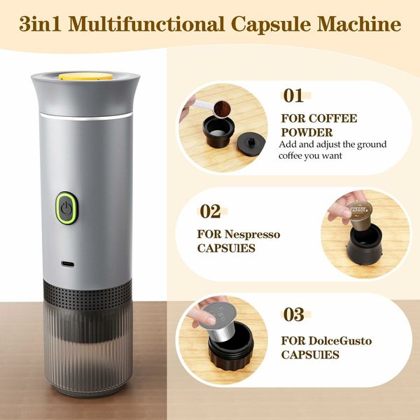 Portable Electric Espresso Mini Machine, Coffee Maker with Ground Coffee and NS Capsule for Machine,Perfect for Hiking,Camping,Office(Silver)