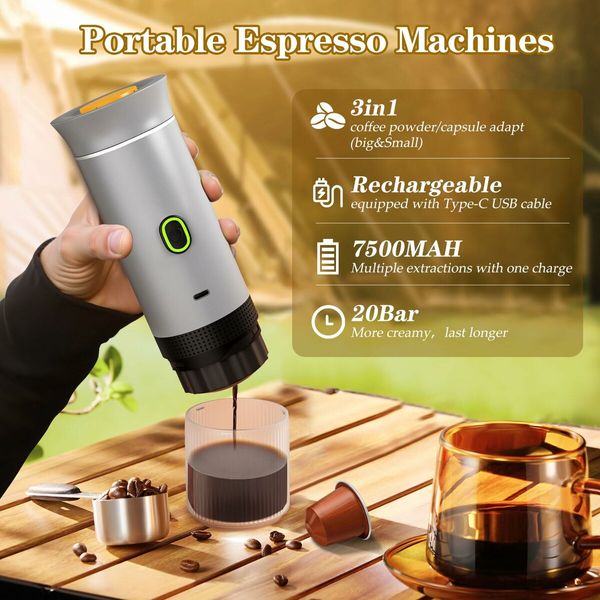 Portable Electric Espresso Mini Machine, Coffee Maker with Ground Coffee and NS Capsule for Machine,Perfect for Hiking,Camping,Office(Silver)