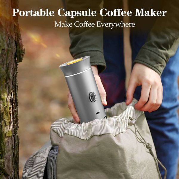 Portable Electric Espresso Mini Machine, Coffee Maker with Ground Coffee and NS Capsule for Machine,Perfect for Hiking,Camping,Office(Silver)