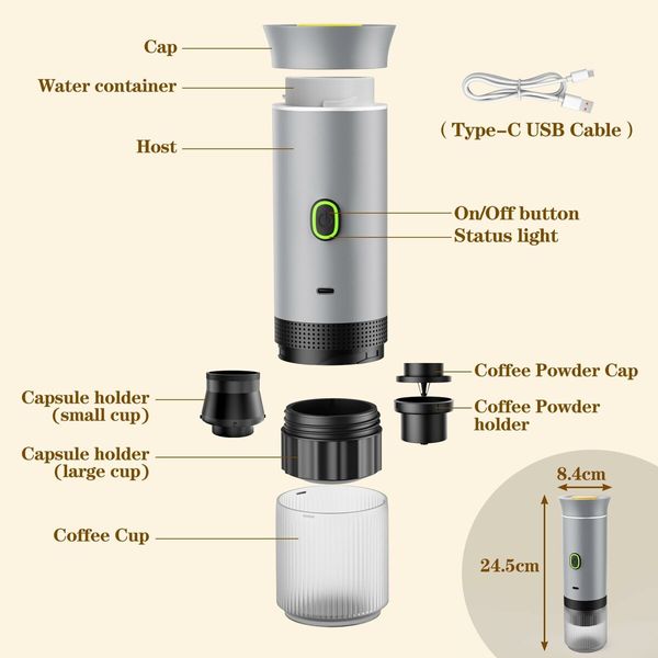 Portable Electric Espresso Mini Machine, Coffee Maker with Ground Coffee and NS Capsule for Machine,Perfect for Hiking,Camping,Office(Silver)