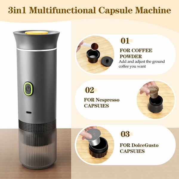 Portable Electric Espresso Mini Machine, Coffee Maker with Ground Coffee and NS Capsule for Machine,Perfect for Hiking,Camping,Office (Gray)