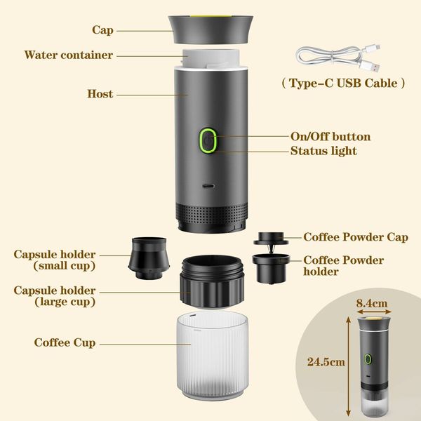 Portable Electric Espresso Mini Machine, Coffee Maker with Ground Coffee and NS Capsule for Machine,Perfect for Hiking,Camping,Office (Gray)