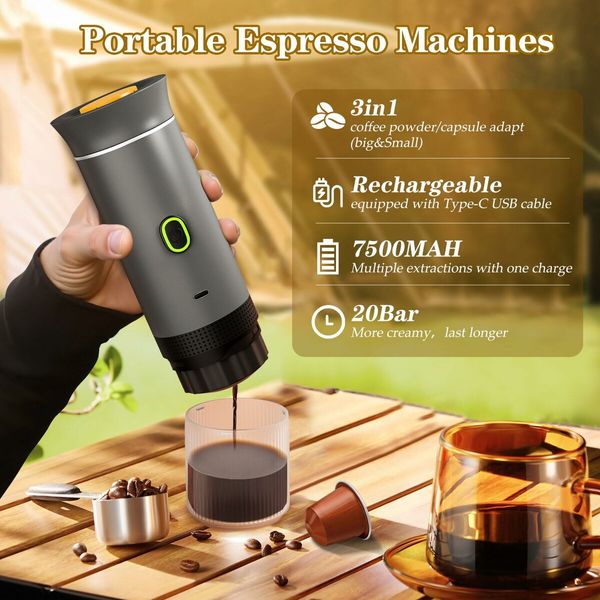 Portable Electric Espresso Mini Machine, Coffee Maker with Ground Coffee and NS Capsule for Machine,Perfect for Hiking,Camping,Office (Gray)