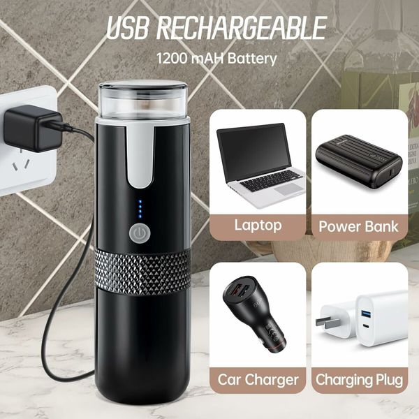 Portable Coffee Machine Electric Espresso Maker USB Rechargeable Coffee Maker Compatible with Capsule & Ground (Not heated)