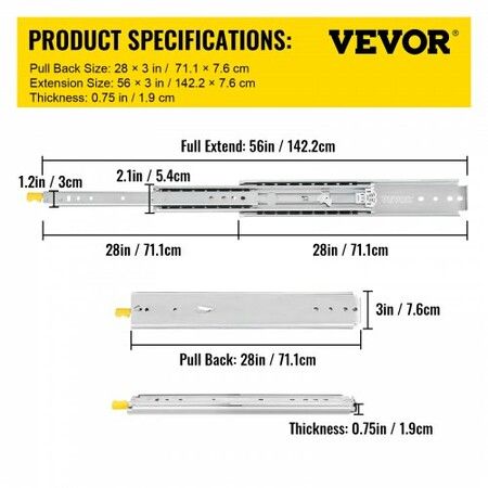 Drawer Slides with Lock 1 Pair 28 inch Heavy-Duty Industrial Steel up to 500 lbs Capacity 3-Fold Full Extension Ball Bearing Lock-in & Lock-Out Side Mount