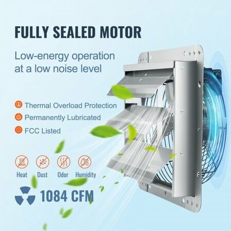 Shutter Exhaust Fan 305 mm High-speed 1400RPM 1084 CFM Aluminum Wall Mount Attic Fan with AC-motor Ventilation and Cooling