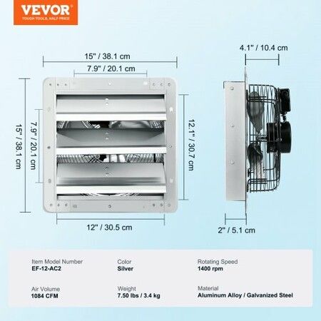 Shutter Exhaust Fan 305 mm High-speed 1400RPM 1084 CFM Aluminum Wall Mount Attic Fan with AC-motor Ventilation and Cooling