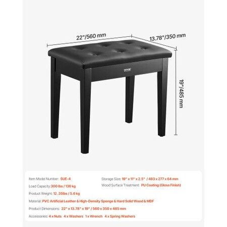 Piano Keyboard Bench Storage Padded Seat Wooden Vanity Bookcase Stool