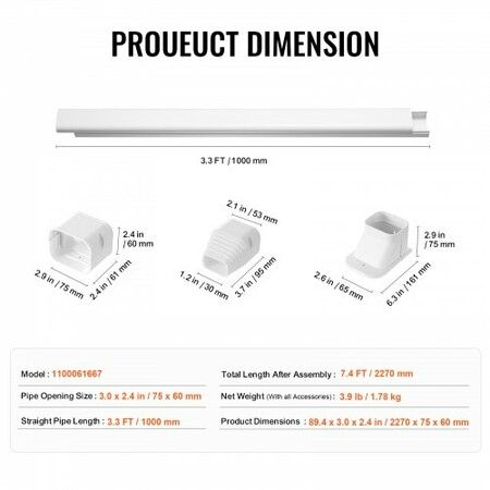 Mini Split Line Set Cover 76.2mm W 2270mm L PVC Decorative Pipe Line Cover For Air Conditioner with 2 Straight Ducts & Full Components Easy to Install