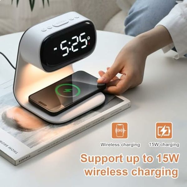 Bedside Lamp with Clock,Touch Lamp with Alarm Clock with 10W Wireless Charging,LED Desk Lamp Dimmable Nightstand for Bedroom Home And Office