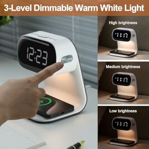 Bedside Lamp with Clock,Touch Lamp with Alarm Clock with 10W Wireless Charging,LED Desk Lamp Dimmable Nightstand for Bedroom Home And Office