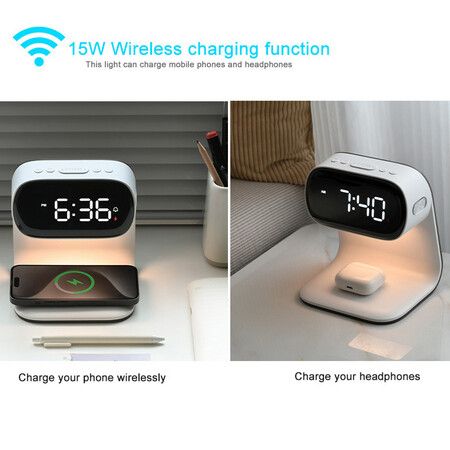 Bedside Lamp with Clock,Touch Lamp with Alarm Clock with 10W Wireless Charging,LED Desk Lamp Dimmable Nightstand for Bedroom Home And Office