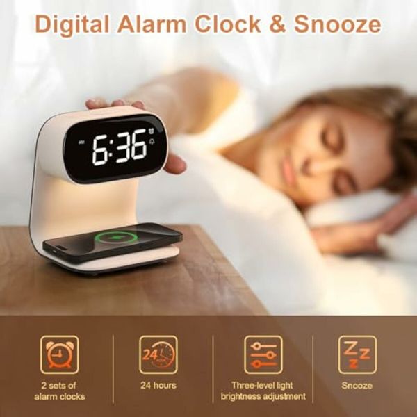 Bedside Lamp with Clock,Touch Lamp with Alarm Clock with 10W Wireless Charging,LED Desk Lamp Dimmable Nightstand for Bedroom Home And Office