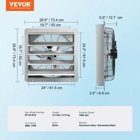 Shutter Exhaust Fan 610 mm High-speed 1400RPM 2892 CFM Aluminum Wall Mount Attic Fan with AC-motor Ventilation and Cooling for Greenhouses Garages