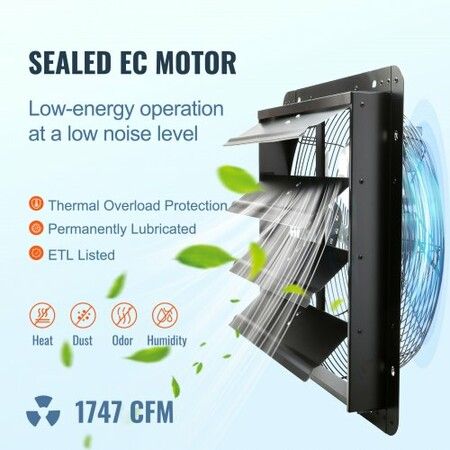 Shutter Exhaust Fan 406 mm /16inch with Temperature Humidity Controller EC-motor 1747 CFM Variable Speed Adjustable Wall Mount Attic Fan Ventilation