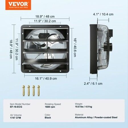 Shutter Exhaust Fan 406 mm /16inch with Temperature Humidity Controller EC-motor 1747 CFM Variable Speed Adjustable Wall Mount Attic Fan Ventilation