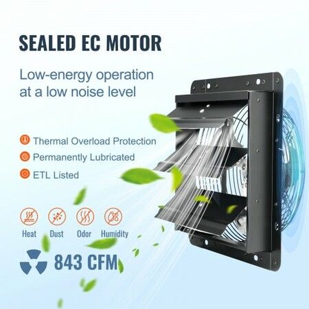 Shutter Exhaust Fan 254mm / 10inch  with Temperature Humidity Controller EC-motor 843 CFM Variable Speed Adjustable Wall Mount Attic Fan