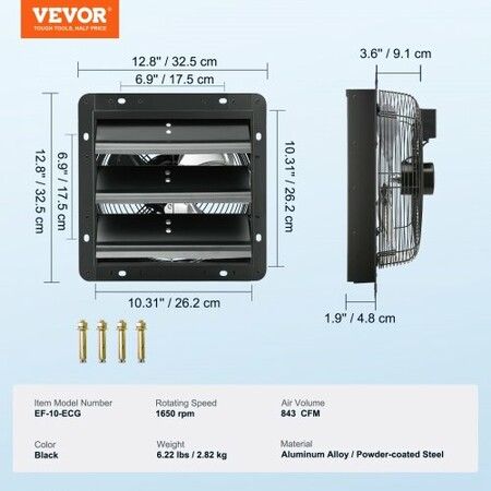 Shutter Exhaust Fan 254mm / 10inch  with Temperature Humidity Controller EC-motor 843 CFM Variable Speed Adjustable Wall Mount Attic Fan