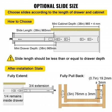 Drawer Slides with Lock Drawer Slide 96.5cm Ball Bear 225kg Full Extension