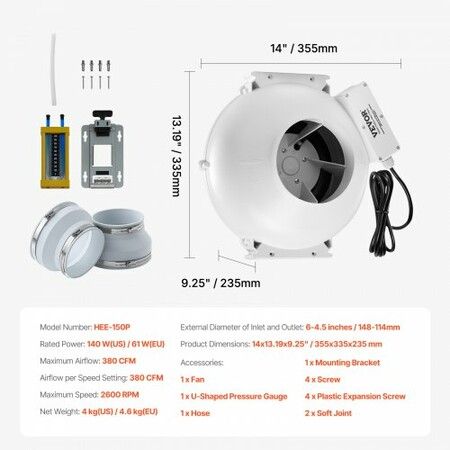6 inches to 4.5 inches Radon Mitigation Fan System Kit Quiet 380 CFM Inline Duct Fan