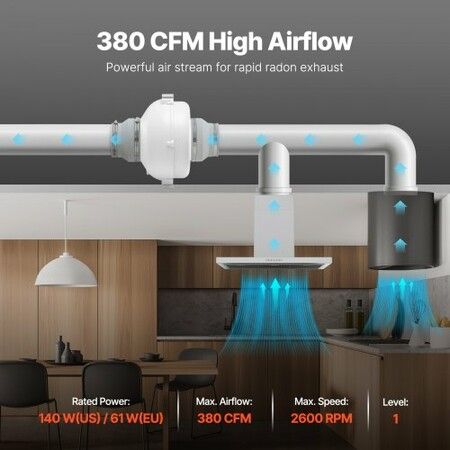 4 inches to 4.5 inches Radon Mitigation Fan System Quiet 380CFM Inline Duct Waterproof