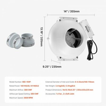 4 inches to 4.5 inches Radon Mitigation Fan System Quiet 380CFM Inline Duct Waterproof