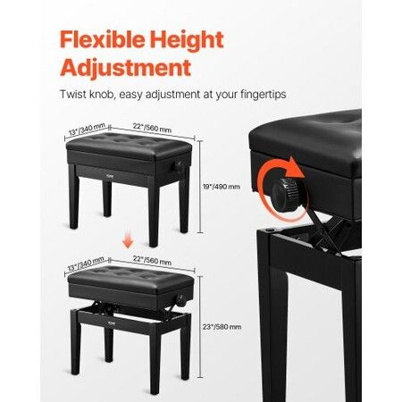 Adjustable Piano Keyboard Bench Storage Padded Seat Wooden Bookcase Stool