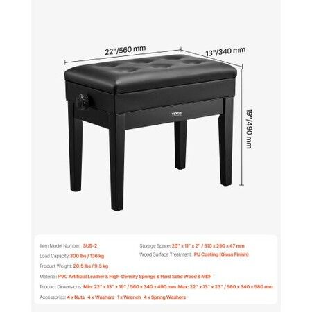 Adjustable Piano Keyboard Bench Storage Padded Seat Wooden Bookcase Stool