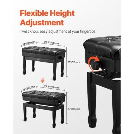 Adjustable Piano Keyboard Bench Storage Padded Seat Wooden Bookcase Stool