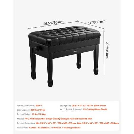 Adjustable Piano Keyboard Bench Storage Padded Seat Wooden Bookcase Stool