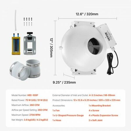 4 inches to 3.5 inches Radon Mitigation Fan System Kit Quiet 260 CFM Inline Duct Fan