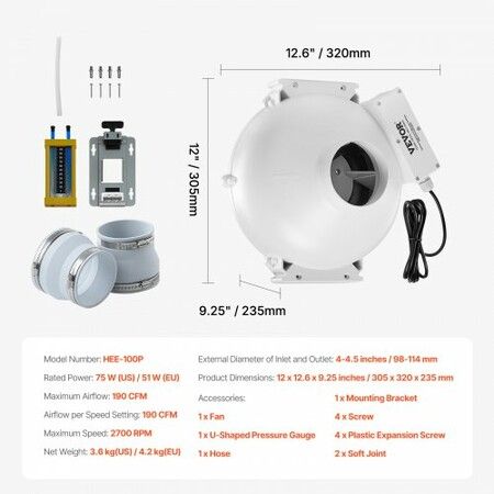 4 inches to 4.5 inches Radon Mitigation Fan System Kit Quiet 190 CFM Inline Duct Fan