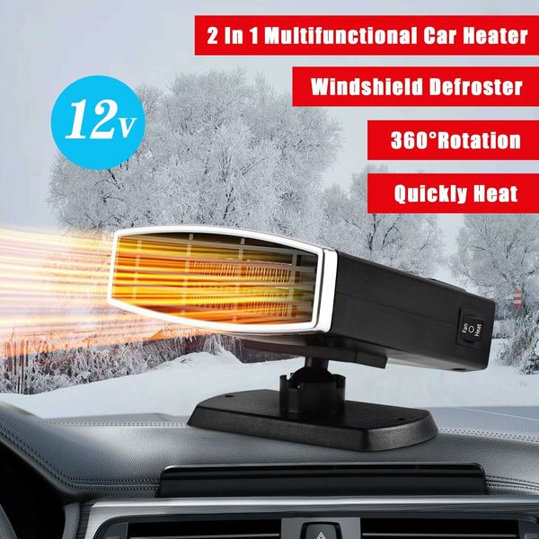 12V Car Heater,2 in 1 Fast Heating Defrost Defogger 360 Degree Rotatable Handheld Car Windscreen Defogger Window Defroster (Black Silver)
