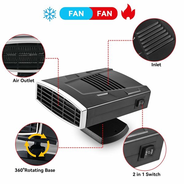 12V Car Heater,2 in 1 Fast Heating Defrost Defogger 360 Degree Rotatable Handheld Car Windscreen Defogger Window Defroster (Black Silver)