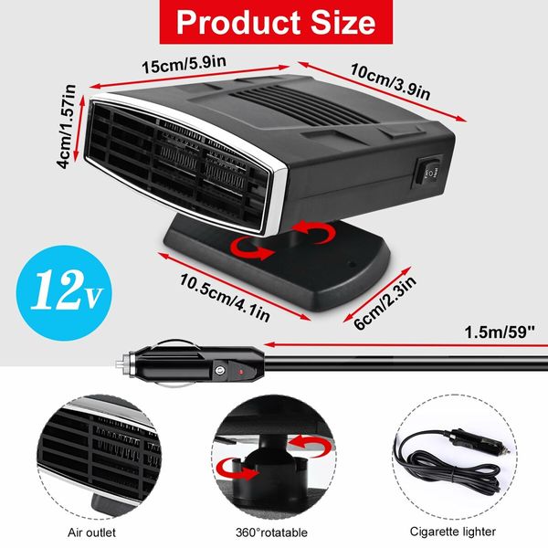12V Car Heater,2 in 1 Fast Heating Defrost Defogger 360 Degree Rotatable Handheld Car Windscreen Defogger Window Defroster (Black Silver)