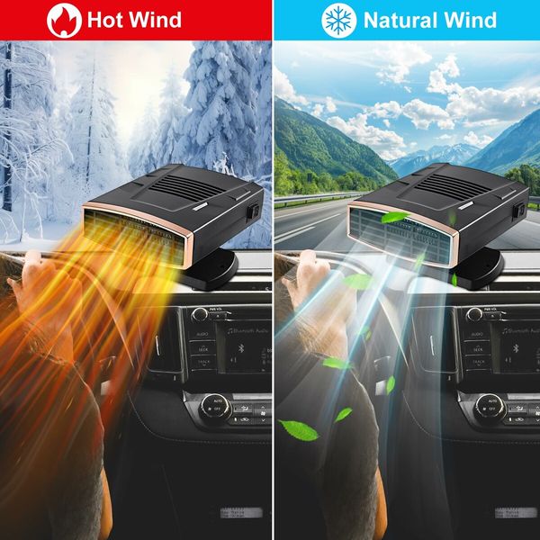 12V Car Heater,2 in 1 Fast Heating Defrost Defogger 360 Degree Rotatable Handheld Car Windscreen Defogger Window Defroster (Black Gold)