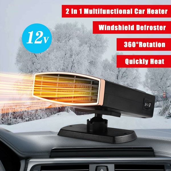 12V Car Heater,2 in 1 Fast Heating Defrost Defogger 360 Degree Rotatable Handheld Car Windscreen Defogger Window Defroster (Black Gold)