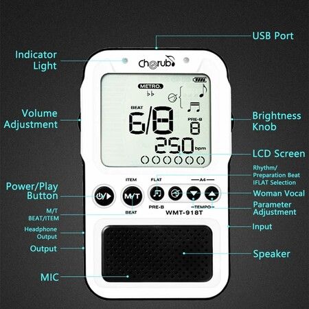 Universal Digital Metronome with USB Cable Volume Adjustable with Headphone Jack for Piano, Guitar, Flute, Violin, Drum and all other instruments, White