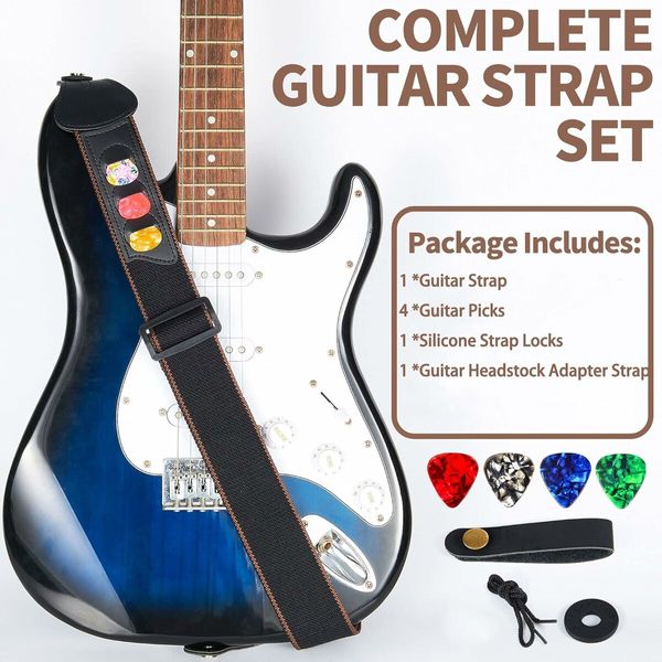 Guitar Strap, Acoustic Electric Guitar Straps,Bass Guitar Strap with 3 Guitar Picks Holder Ends