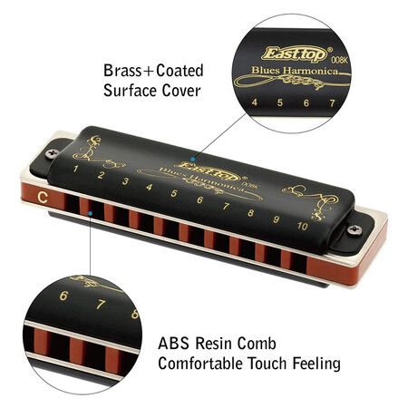 Diatonic Harmonica Key of C 10 Holes 20 Tones 008K Blues Harp Mouth Organ Harmonica with Black Cover