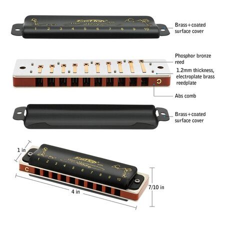 Diatonic Harmonica Key of C 10 Holes 20 Tones 008K Blues Harp Mouth Organ Harmonica with Black Cover
