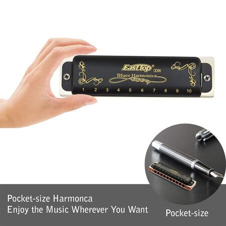 Diatonic Harmonica Key of C 10 Holes 20 Tones 008K Blues Harp Mouth Organ Harmonica with Black Cover