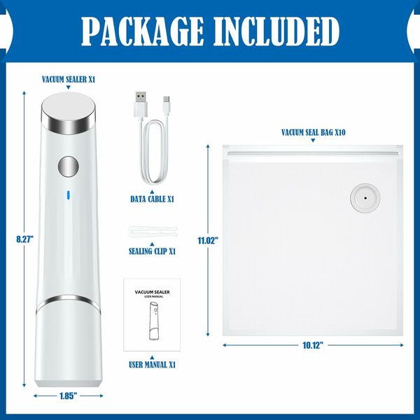 Vacuum Sealer Cordless Handheld Food Saver with 10 Reusable Vacuum Bags, Rechargeable Vacuum Sealer Pump for Food Fresh & Storage (1 Pump+10 Bags)