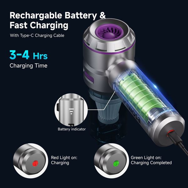Handheld Cordless Car Vacuum Cleaner with Brushless Motor,Strong Suction Vacuum & Compressed Air Dusters with LED Light,Type C Portfor Home Car Pet