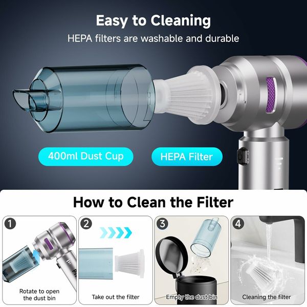 Handheld Cordless Car Vacuum Cleaner with Brushless Motor,Strong Suction Vacuum & Compressed Air Dusters with LED Light,Type C Portfor Home Car Pet