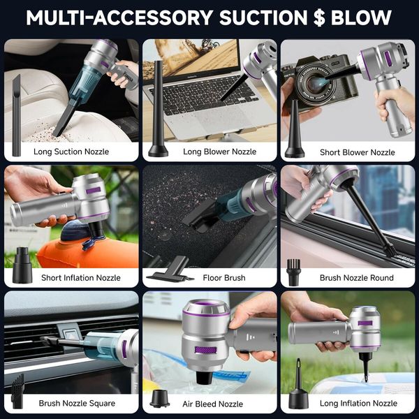 Handheld Cordless Car Vacuum Cleaner with Brushless Motor,Strong Suction Vacuum & Compressed Air Dusters with LED Light,Type C Portfor Home Car Pet
