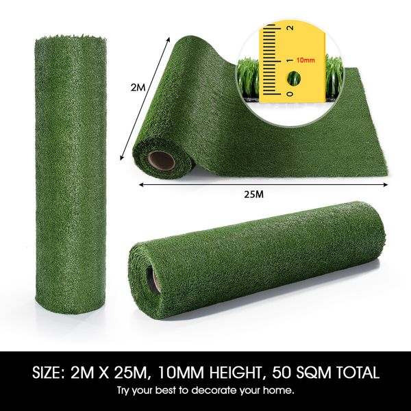 2x25m Artificial Grass Synthetic Turf Fake Imitation False Faux Green Lawn Roll 10mm Child Pet Friendly for Backyard Balcony Garden Patio