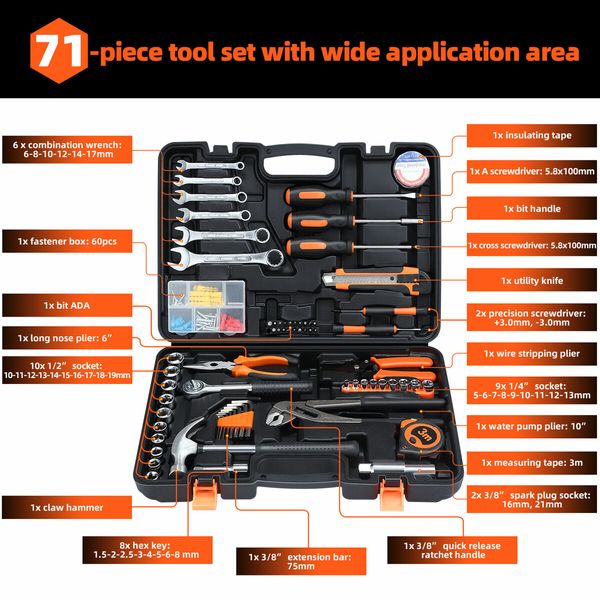71Pcs Hand Tools Set Home Repair Toolbox Basic Toolkit for Mechanic Car Automotive Workshop Household DIY Portable Storage Hard Case