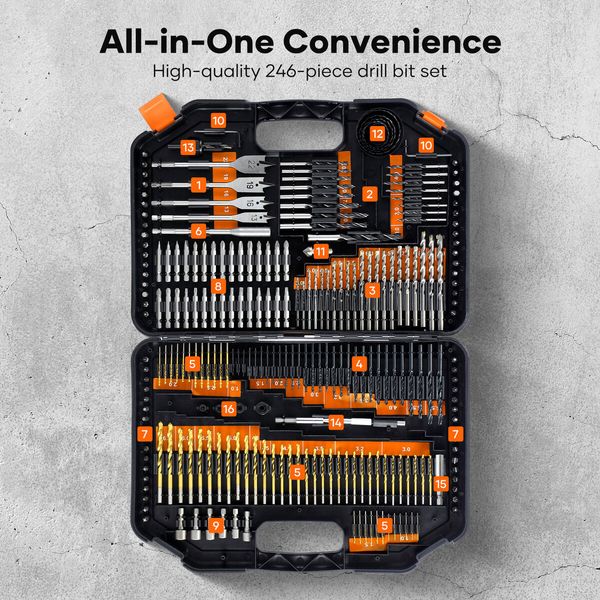 246pcs HSS Drill Bit Set Twist Drilling Tool Metal Self Centering Spade Screw Nut Driver Hand Woodworking Construction Repair Accessories Storage Case