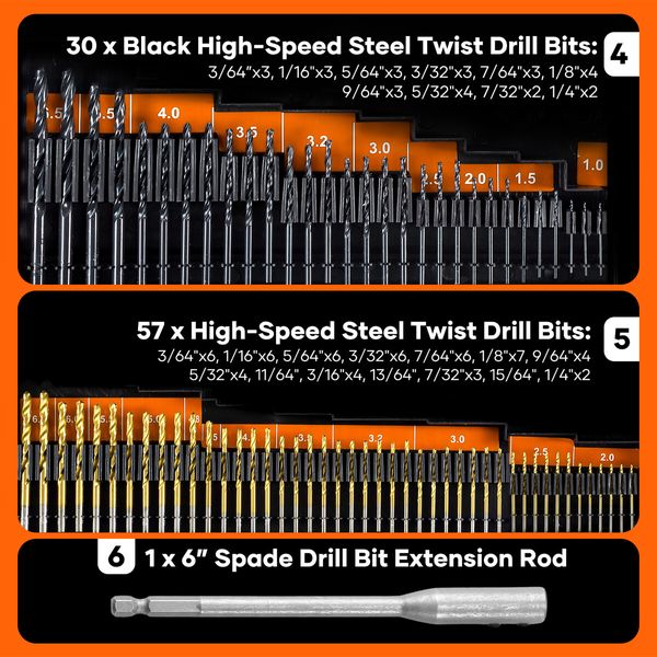 246pcs HSS Drill Bit Set Twist Drilling Tool Metal Self Centering Spade Screw Nut Driver Hand Woodworking Construction Repair Accessories Storage Case